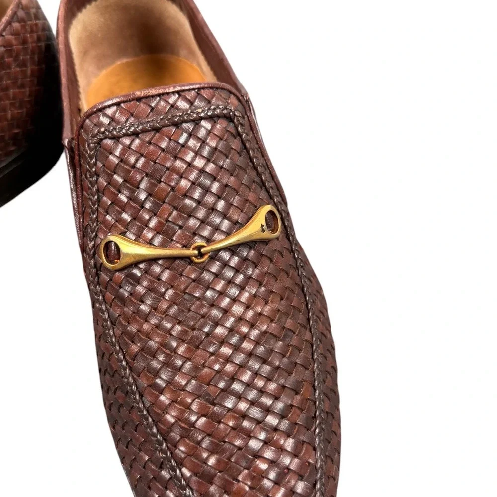 A. Testoni Brown Leather Woven Horse Gold Bit Men's Loafers Size UK5 Us 6 G